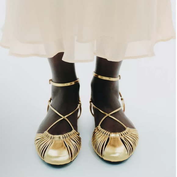 ZARA METALLIC Gold Strappy Sandals 8 - Picture 2 of 5